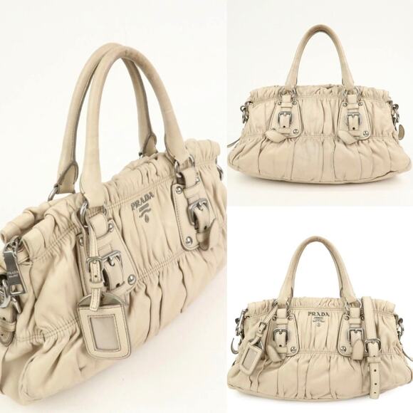 💎✨Authentic✨💎PRADA Nappa Leather Gathered 2Way Tote Shoulder Bag Beige - Picture 1 of 16